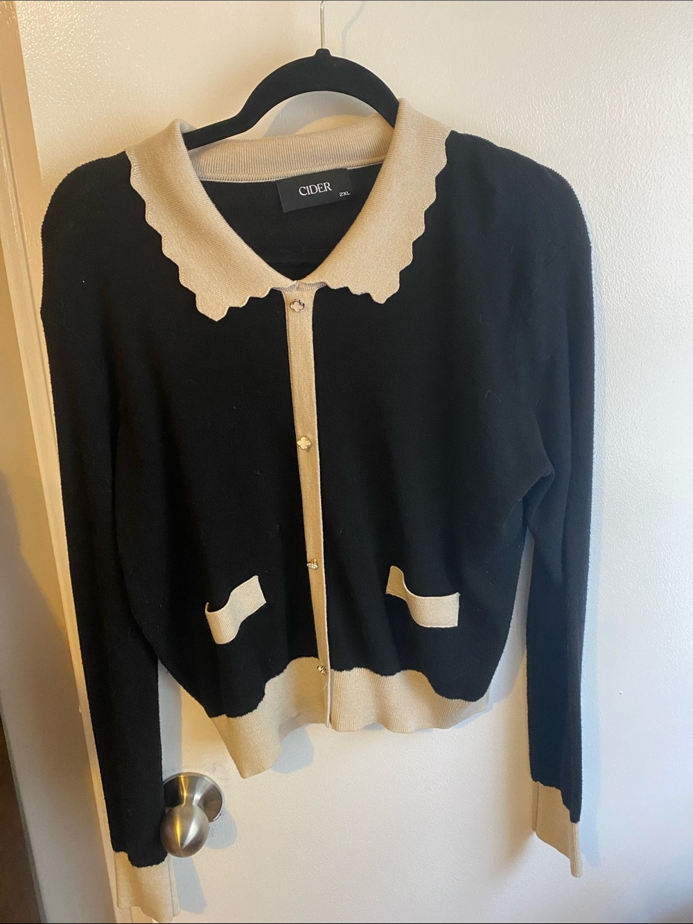 Cider Black Cardigan with Cream Scalloped Collar and Trim